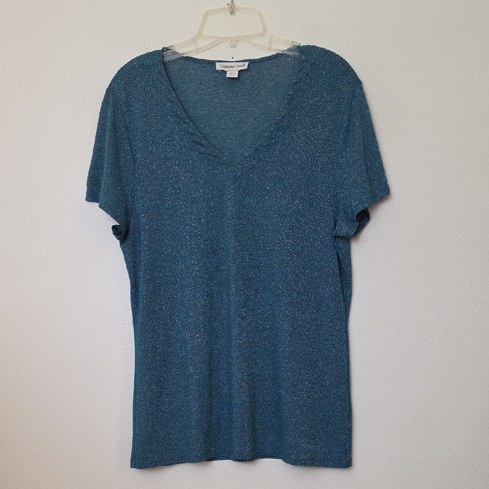 Coldwater Creek Green & Silver Metallic Short Sleeve T-Shirt Top 10-12
